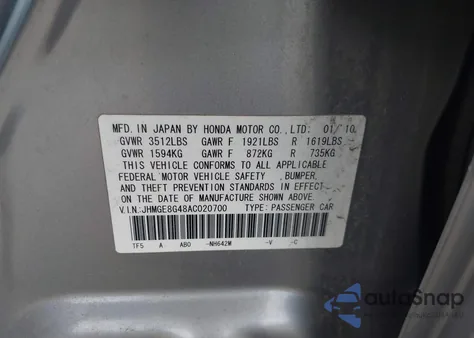 2010 Honda Fit Sport from USA, damaged, VIN JHMGE8G48AC020700